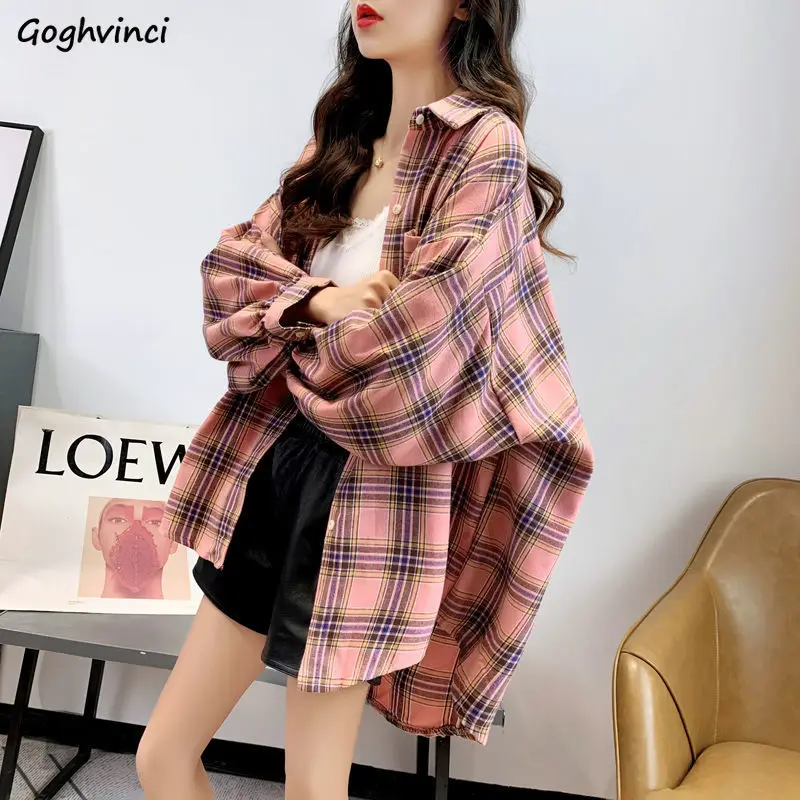 Shirts Women Solid Plaid Chic Outwear Loose Popular New Arrival  Womens Korean Style Sweet All-match Elegant Design Young