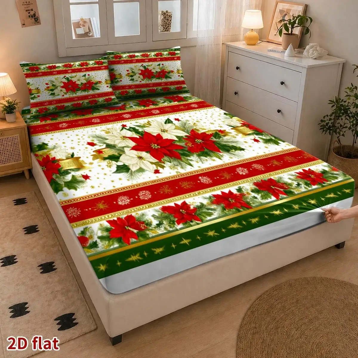 Christmas Red and Green Color Scheme, Vintage Oil Painting Style 2D Three-Piece Bedding Set (Includes 1 Fitted Sheet + 2 Pillowcases) Mattress Protector Fitted Sheet-Style Elastic Protector Christmas Holiday Decoration Santa Claus Various Sizes Breathable Protector Plus Pillowcase