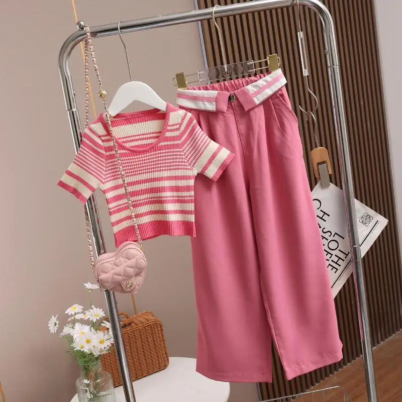 

2023 Teenage Girls clothes sets Fashion Striped top t shirt+Wide leg pants 2pcs kids baby Suit Top+Pants 4-15T children outfits