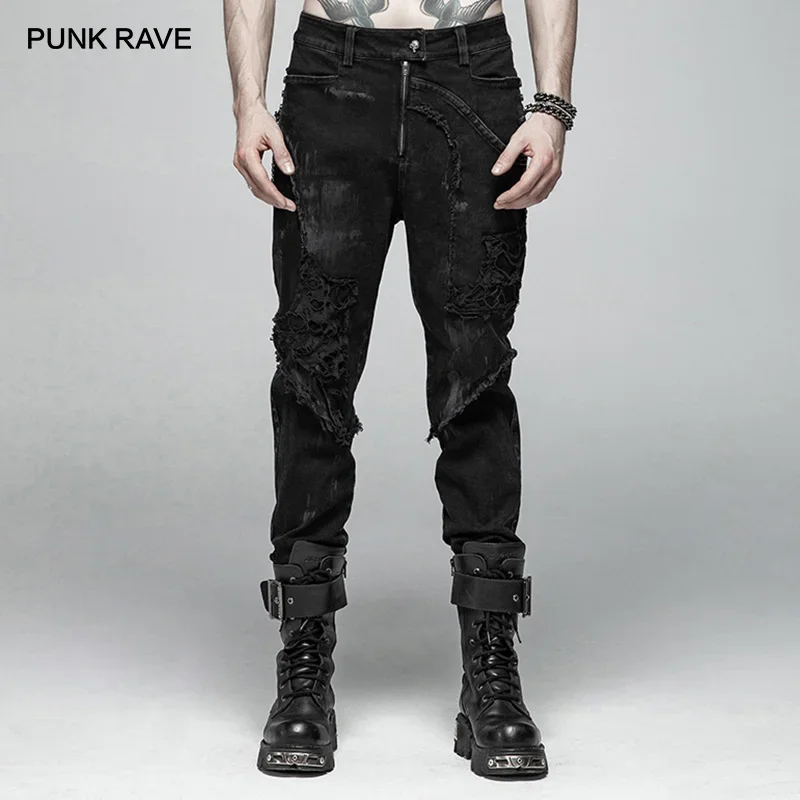 

PUNK RAVE New Men's Punk Rock Broken Hole Net Black Long Trousers Gothic Casual Male Motocycle Cotton Denim Pants Visual Kei