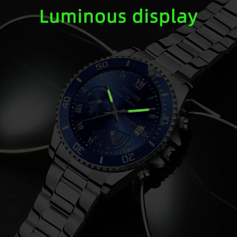 NOTIONR Fashion Mens Sports Calendar Watches Luxury Men Business Stainless Steel Quartz Wrist Watch Luminous Male Casual Watch