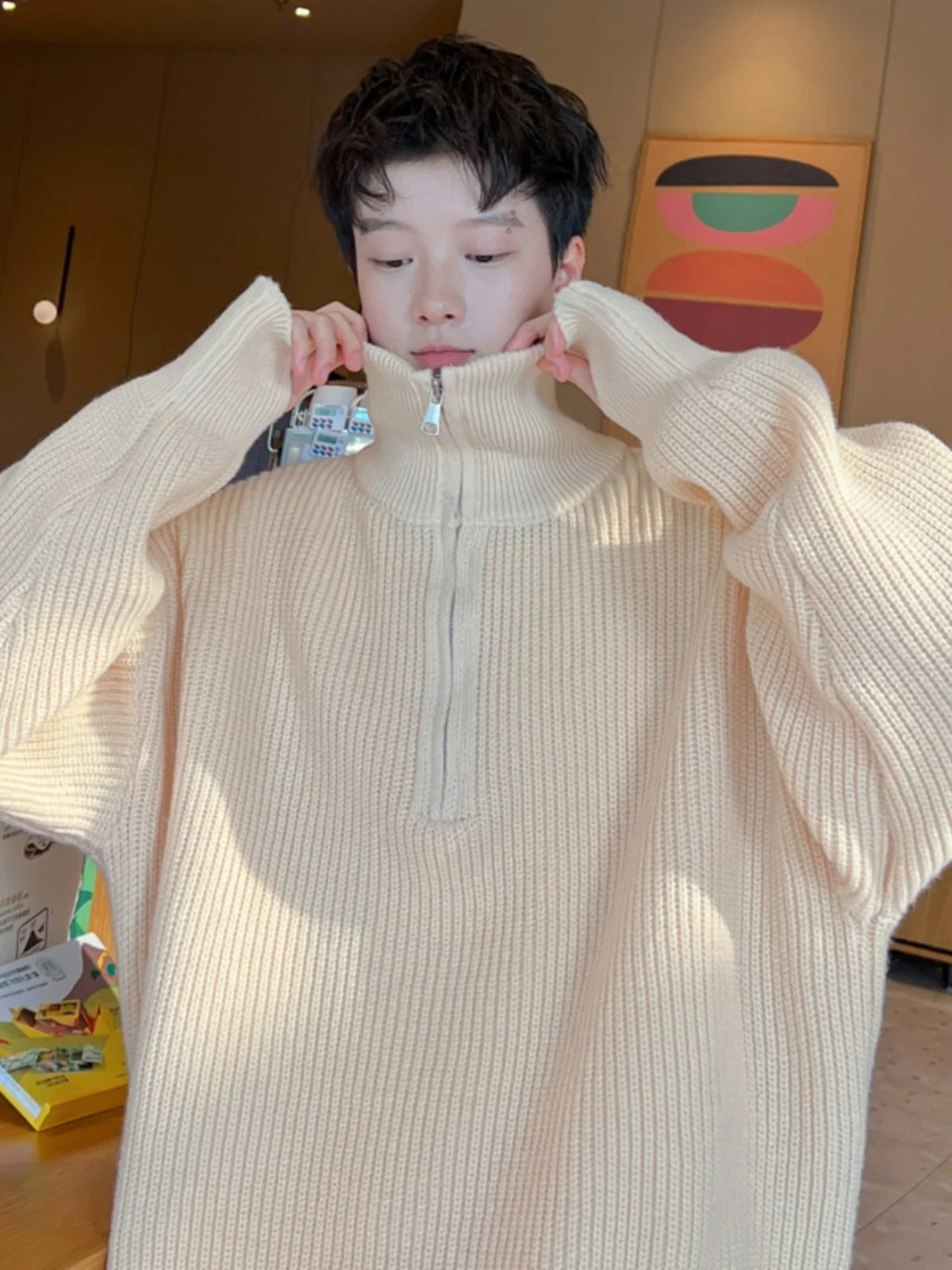 

Мужской вязаный свитер с высоким воротником и молнией, повседневный шик, зимняя мода, американский ретро-стиль, свободный крой, длинный рукав, куртка