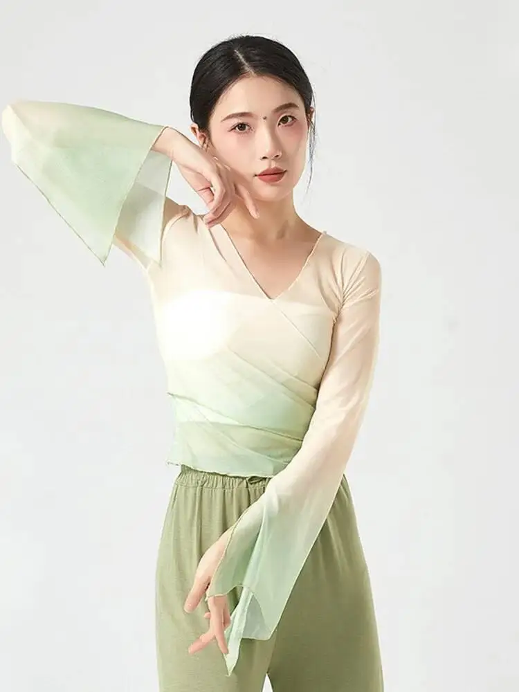 Camicia da ballo da donna in rete con scollo a V sfumato, vestibilità slim, manica a campana, top lungo per costume da palcoscenico per pratica di balletto jazz moderno