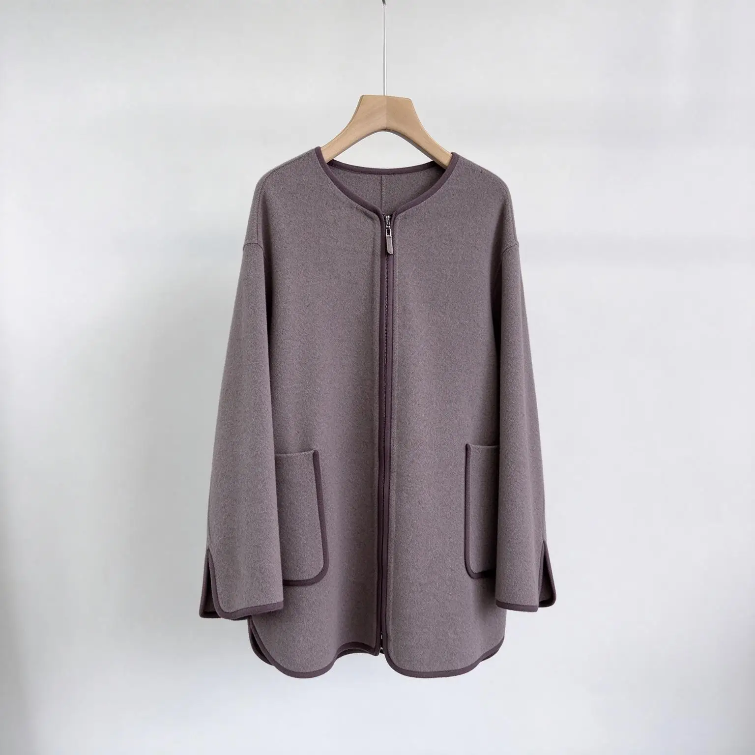 Women Round Neck Zip Knit Coat Loose Mid Length Cardigan With Pockets