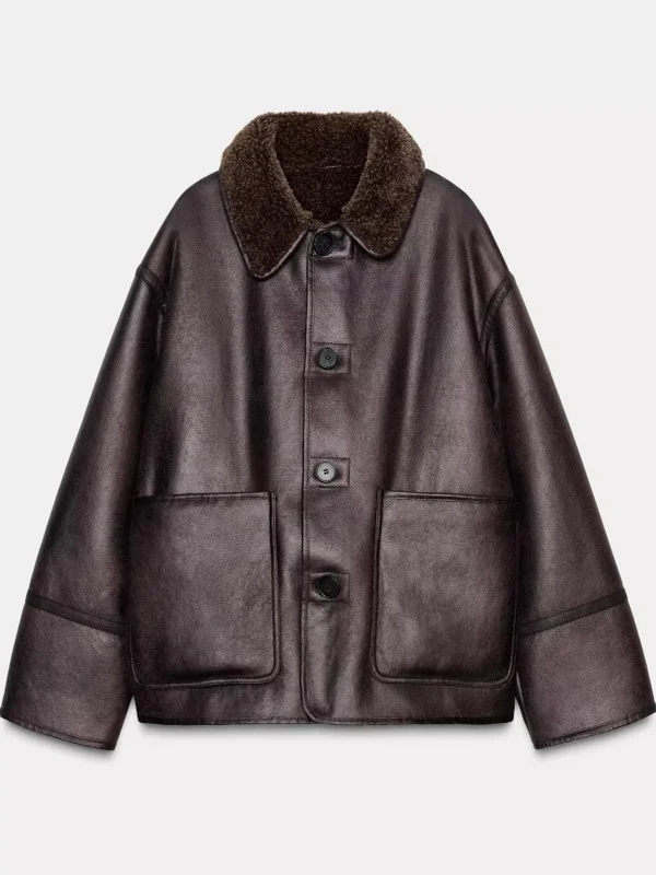 معطف جايت من الجلد والفرو على الوجهين معطف نسائي فضفاض مناسب بأزرار إغلاق لون نقي ملابس خارجية