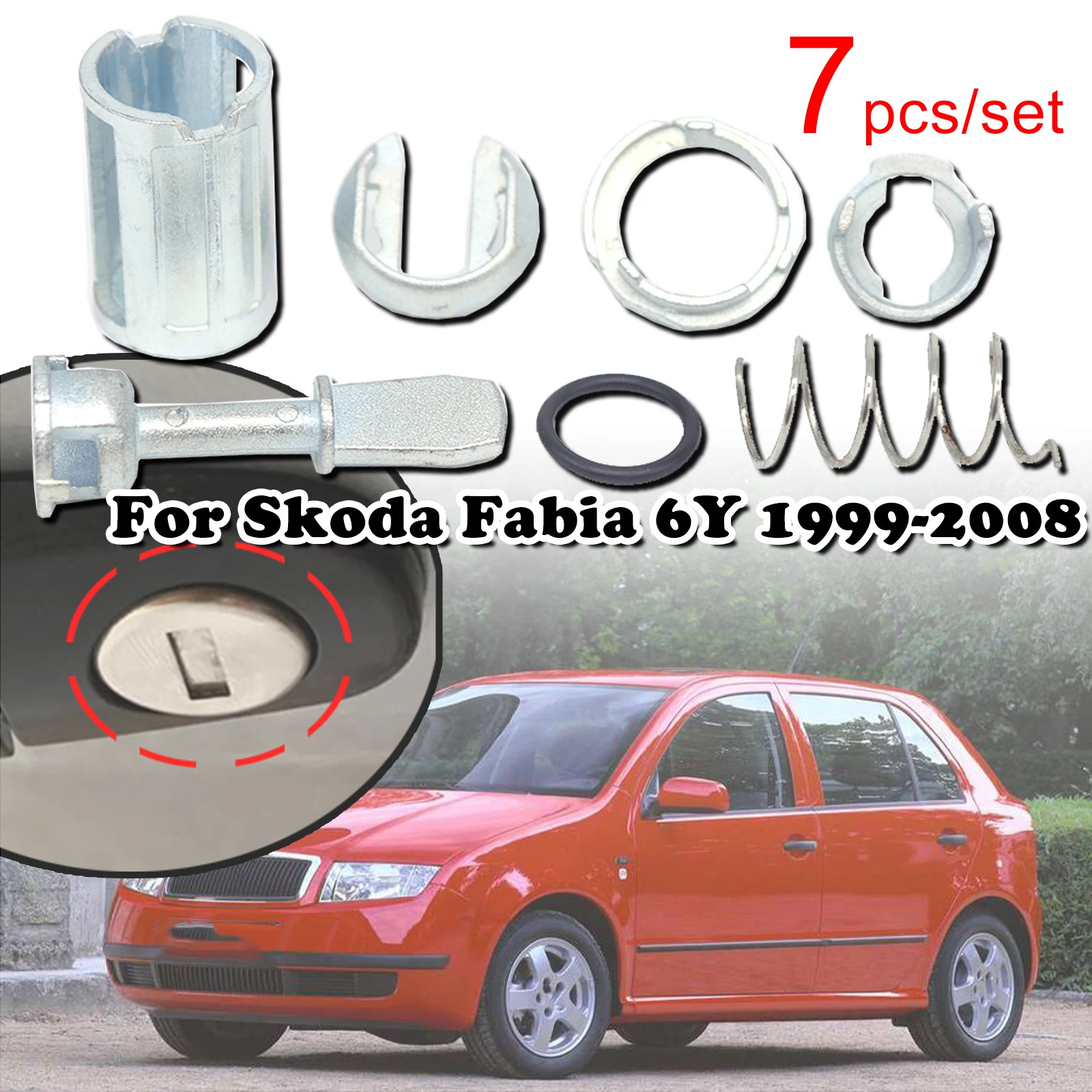

7pcs Front Door Handle Lock Cylinder Barrel Paddle Rubber Seal Repair 44.4MM Tool Kit Replacement For Skoda Fabia 6Y 1999-2008