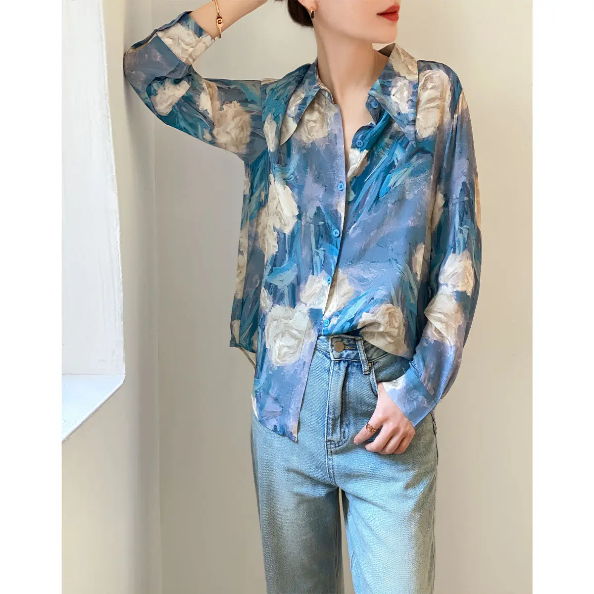 2023 New Spring Fashion Printing Turn-down Collar Long Sleeve Blouse Women Clothing Street Casual Buttons Loose Shirts Femme