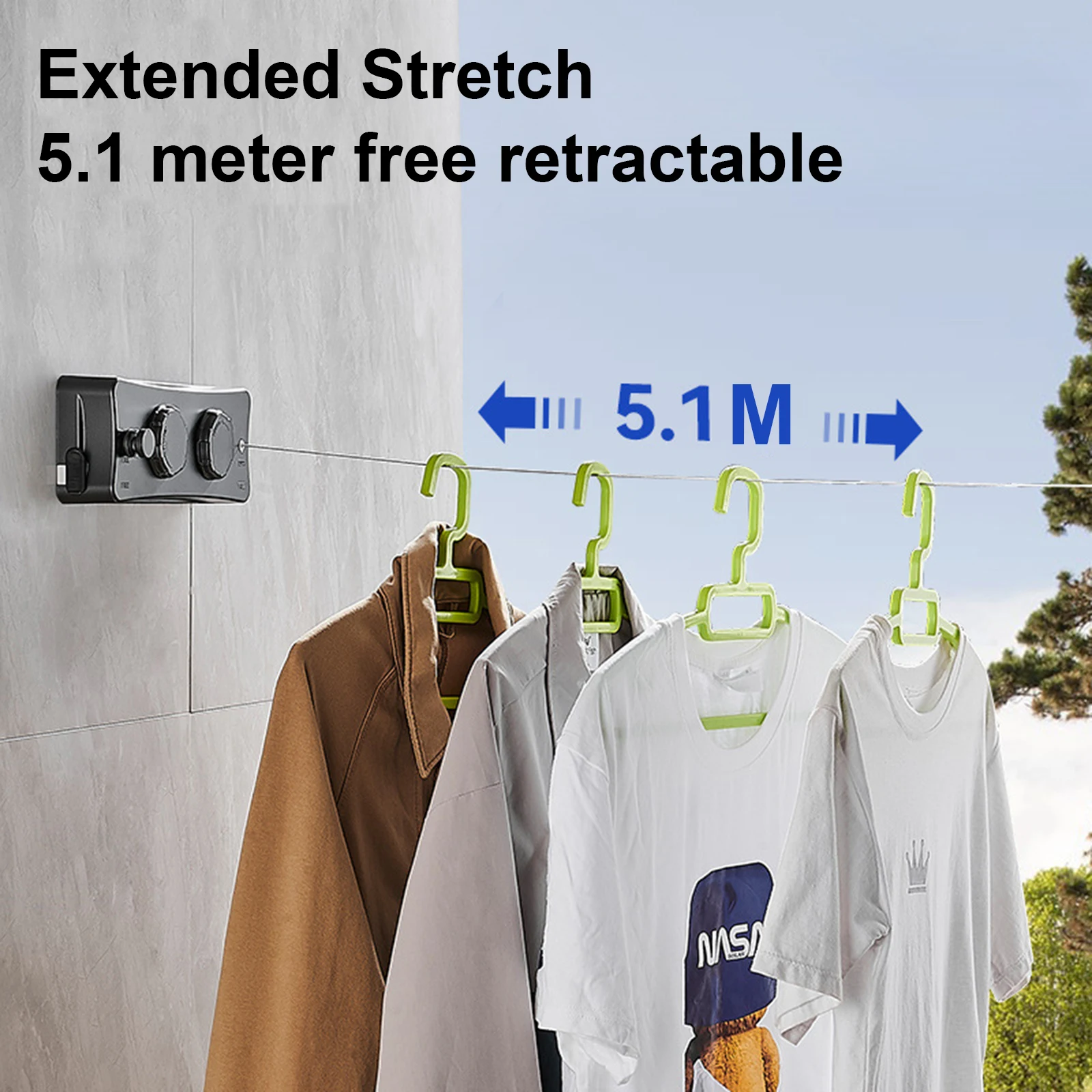 5.1m Double Line Clothes Hanger Laundry Drying Retractable Clothesline Cloth Rack Wall Mounted Indoor Outdoor Washing Clothes