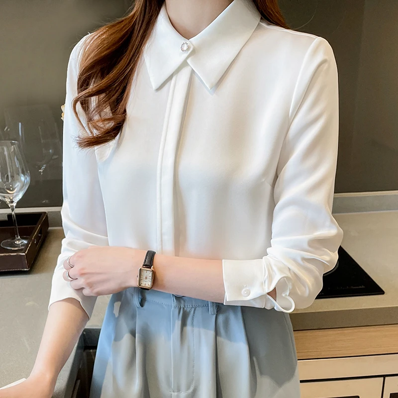 Autumn Office Lady Solid Chic Button Chiffon Shirts Women Clothing Fashion Loose Casual Long Sleeve Tops New Elegant Blouse