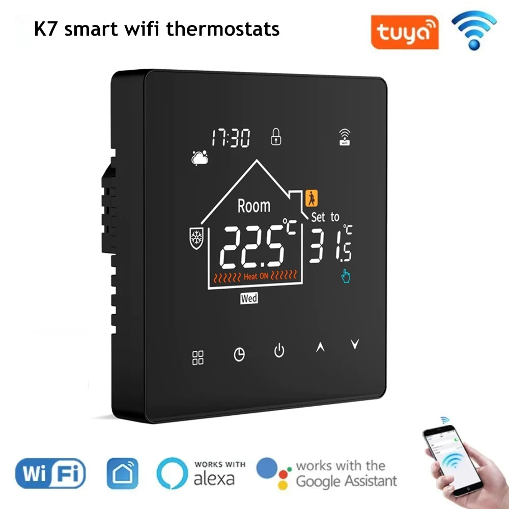 AC90~240V K7 Tuya WiFi Smart Floor Heating Thermostat Switch for Water/Gas Boiler Heating with Humidity and Weather Functions
