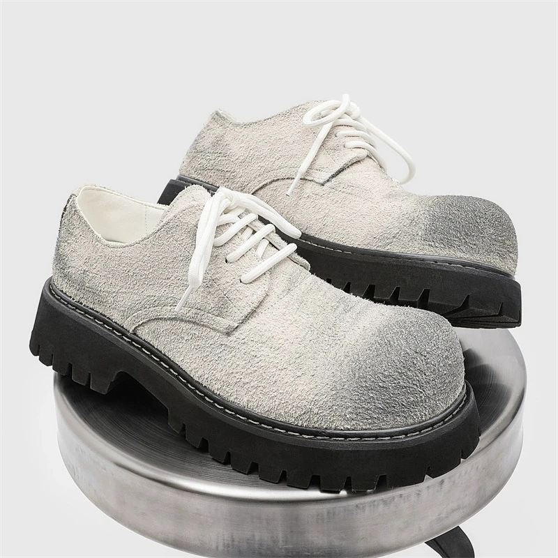 Unisex Style Nubuck Suede Leather Round Toe Thick Bottom Platform Men Pumps Solid Color Lace Up Western Casual Derby Shoes