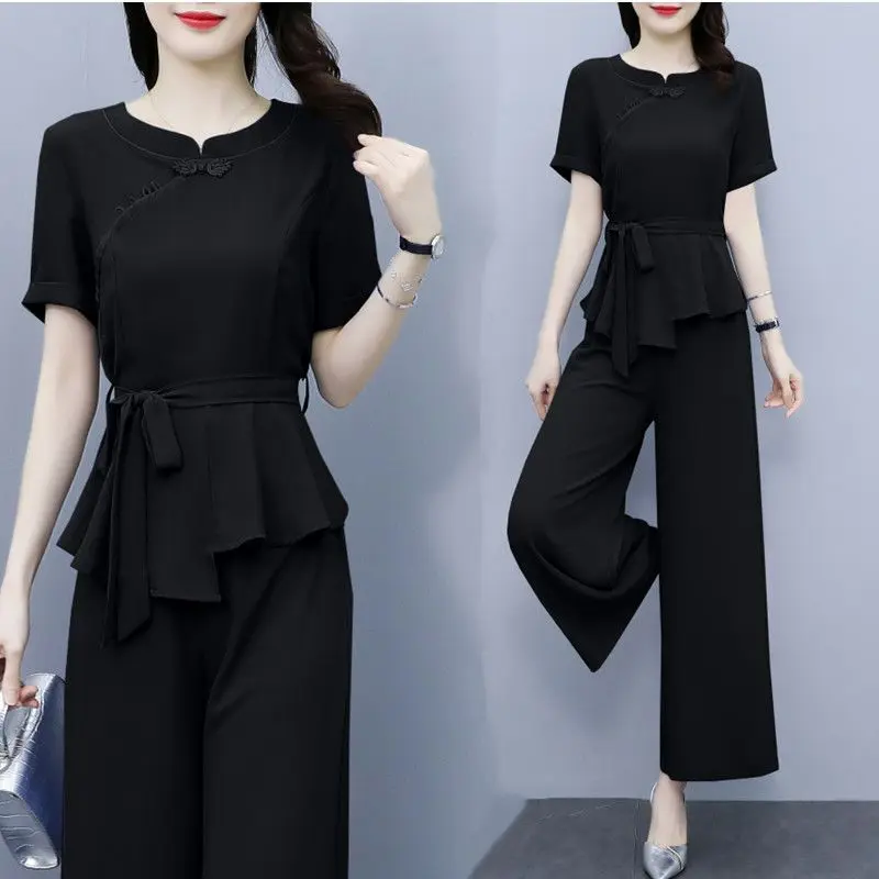 Pantaloni a gamba larga per donna estate 2023 New Fashion Office Lady Solid o-collo Top irregolare Pantstuits 2 pezzi abiti femminili