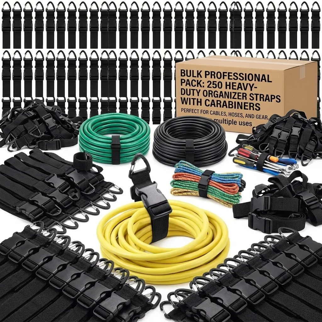 45cm Black Adjustable Extension Cord Organizer with 3-Axis Buckle - Heavy-Duty Storage Strap for Workshop & Garage Organization