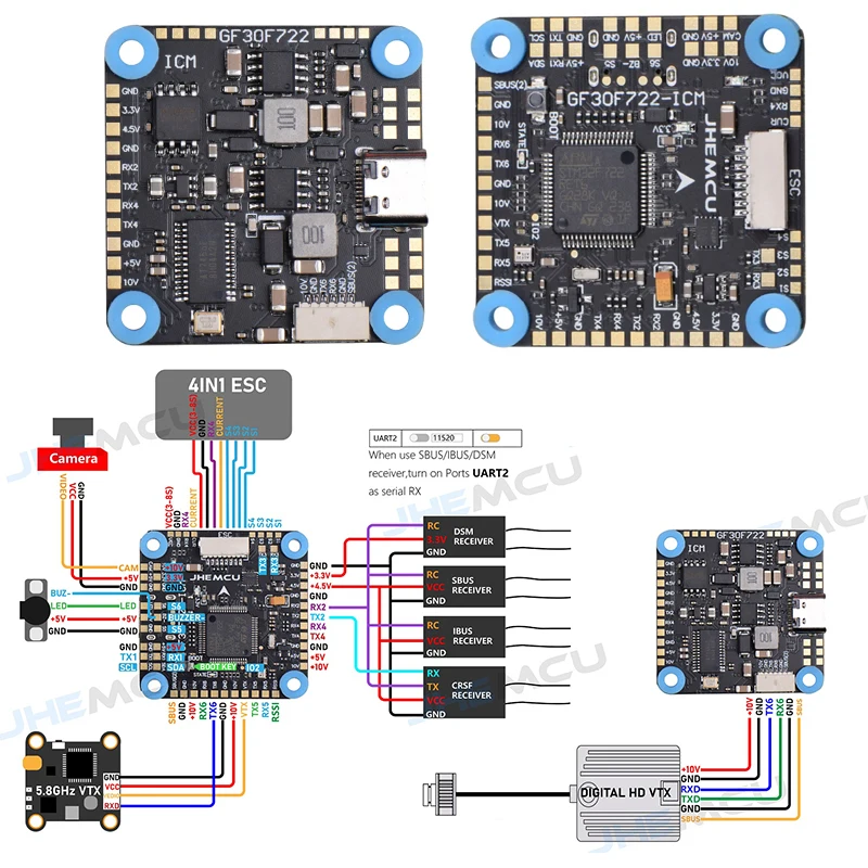 JHEMCU GF30F722-ICM Flight Control F7 F722 FC Dual BEC 5V 10V Baro OSD HD 3-8S Lipo Input For RC FPV Freestyle Drone Par