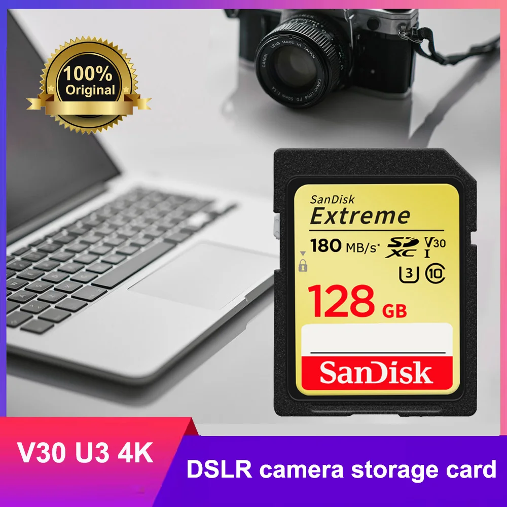 SanDisk Memory Card Extreme SD Card 4K UHD 32GB SDHC 64GB 128GB 256GB SDXC C10 U3 V30 up to 180M/s For 1080p 3D Full HD Camera