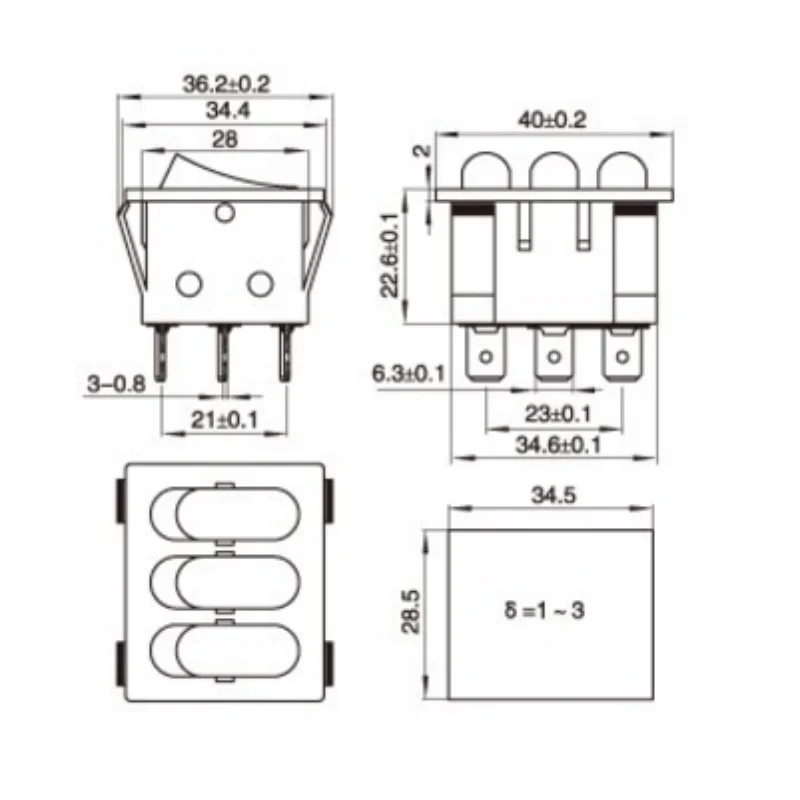 Dreifach, 2-Positionen, 9-polig, rot, beleuchteter Drei-in-Eins-Kombinations-Wippschalter mit bootförmigem Netzschalter