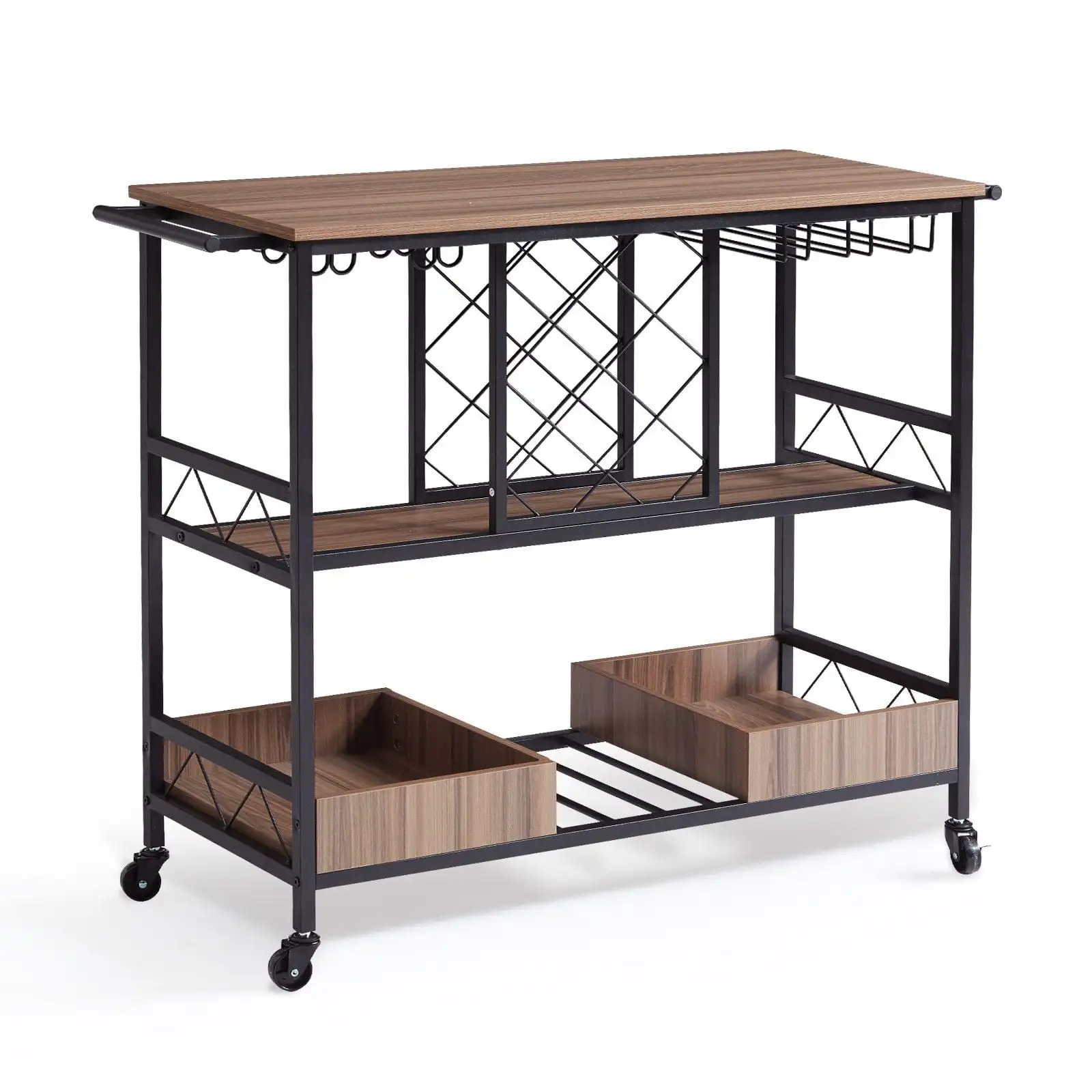 3-Tier Bar Serving Cart Rolling Trolley with Wine Grid Glass Holder 300LBS