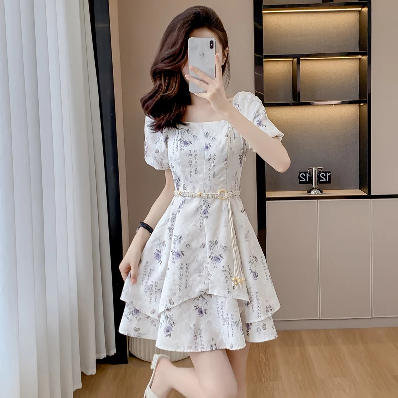 

Summer New Chinese Style Desgin Ink Painting Print Elegant Dress Women's Square Neck Temperament Slim Fit Sweet Short Skirt