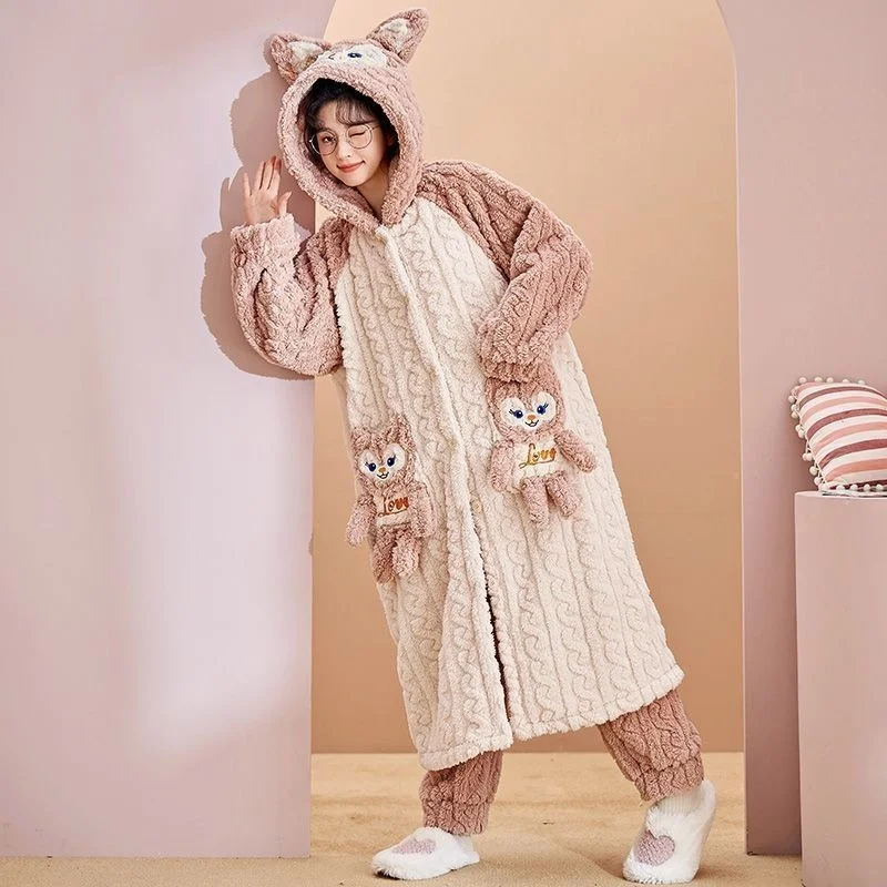 Thicker Women\'S Pajamas Warm Sweet Hooded Nightgown Winter Flannel Disney Linabell Losto Sanrio Kuromi Cinnamoroll Cute Pajamas