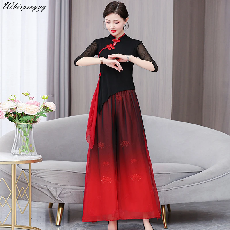 Ethnic Costume Black Dance Dress Female Gauze Dress Suit Chinese Style Fashion Set Vintage Ao Dai Vietnam Traditional Dress