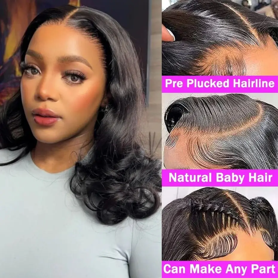 MYLOCKME-Brazilian Body Wave Curto Bob Perucas para Mulheres Negras, 13x4 Lace Frontal Cabelo Humano Perucas, Ondulado Transparente Lace Encerramento Peruca