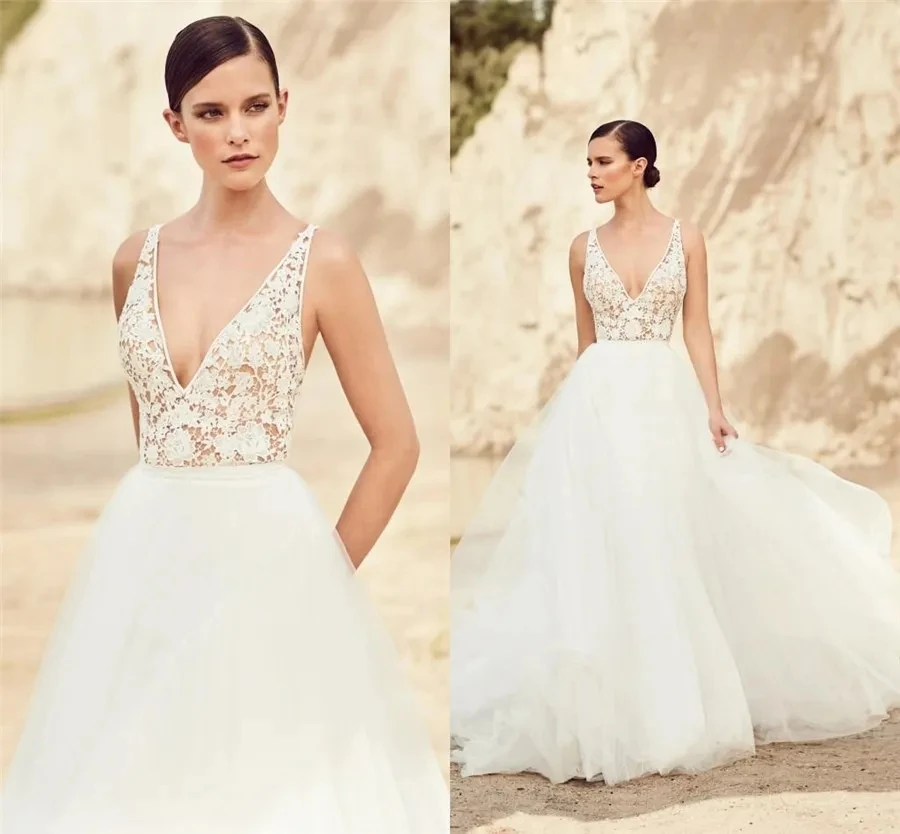 

Spaghetti A-line Tulle Wedding Dresses Sexy See Throug Backless Flower Lace Boho Country Bride Party Gowns Robe De Mariage