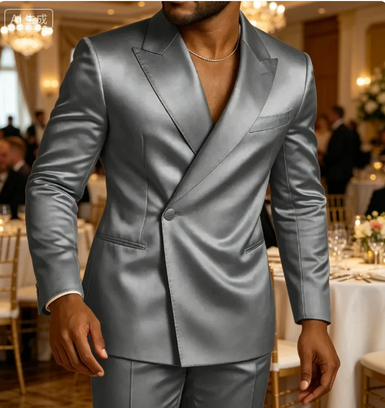 

Thorndike Shiny Satin Suit For Men Formal Banquet Elegant Outfits Evening Dinner Tailor-made Male Slim Fit Blazer Pants 2 Pcs