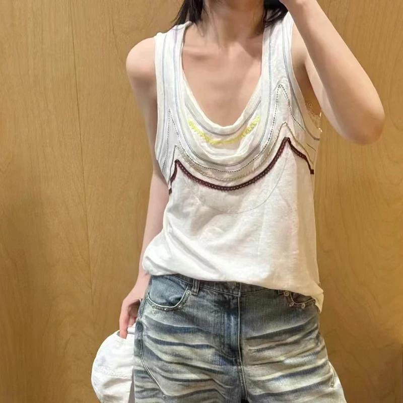 

Women's Linen Lace Fringe Sleeveless Tank Top Stylish Casual Lace-Trim Top Premium Quality Fall Season New Arrival 2025