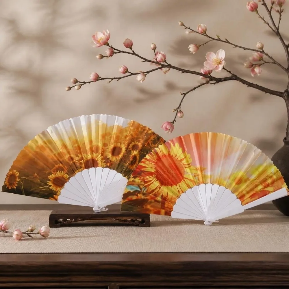 Home Ornament Sunflower Folding Fan Collapsible Handheld Dance Fan Retro Handwork Design Decorative Fan Wedding Prop
