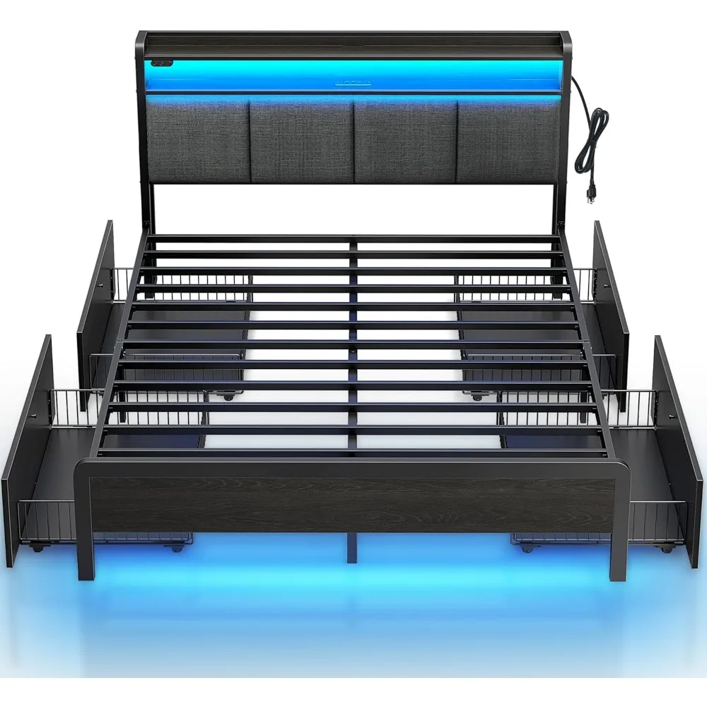 

Rolanstar Bed Frame Full Size with Charging Station and LED Lights, Upholstered Storage Headboard with Drawers, Heavy Duty Metal