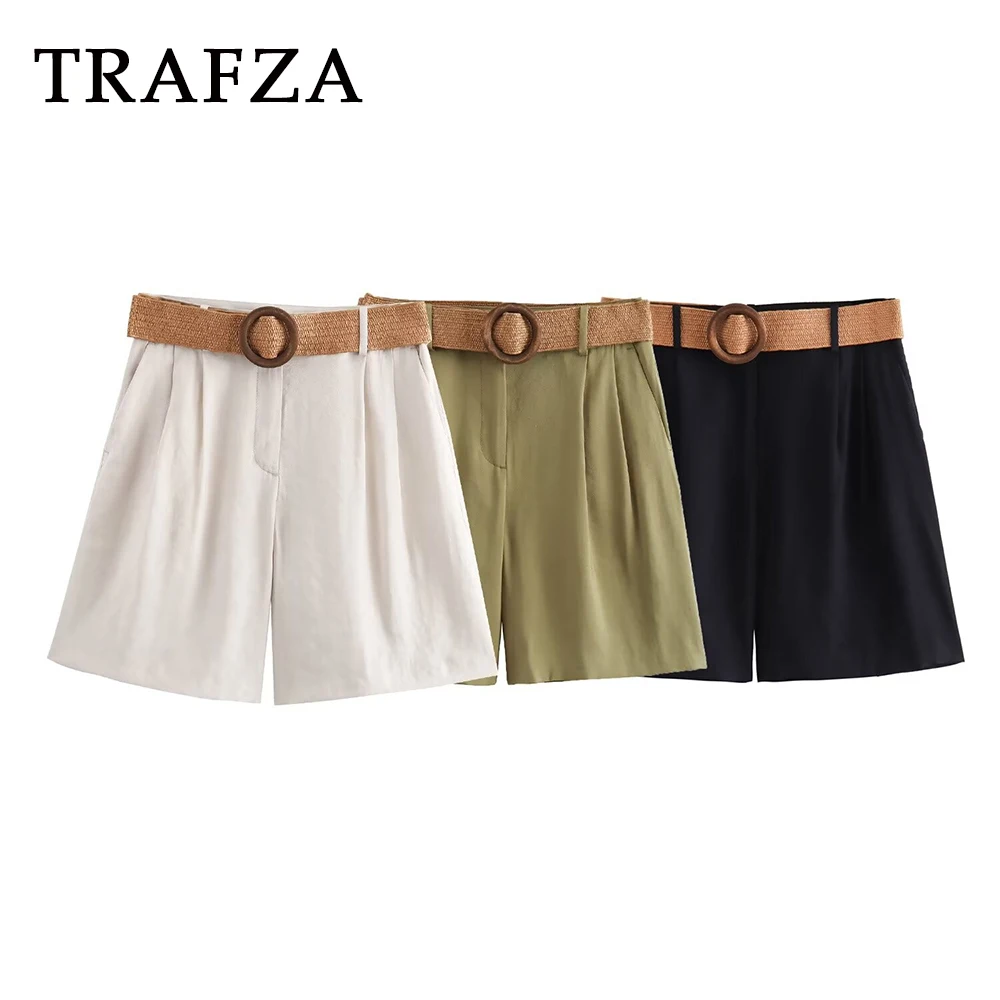 

TRAFZA 2024 Women Spring Summer Casual Solid Bermuda Shorts Fashion Sashes Pockets Streetwear Zipper Folds Fashion Women Shorts