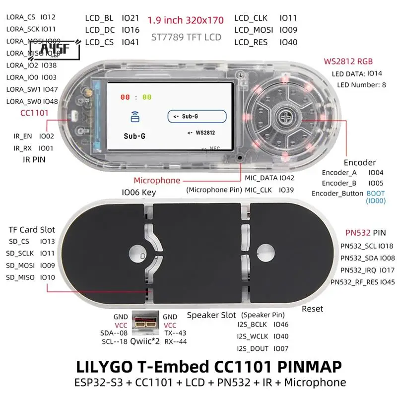 

A45F-LILYGO Новый Т-образный ESP32-S3 CC1101 Маломощный радиочастотный приемопередатчик ГГц PN532 NFC RFID I2C Модуль ЖК-плата Батарея 1300 мАч