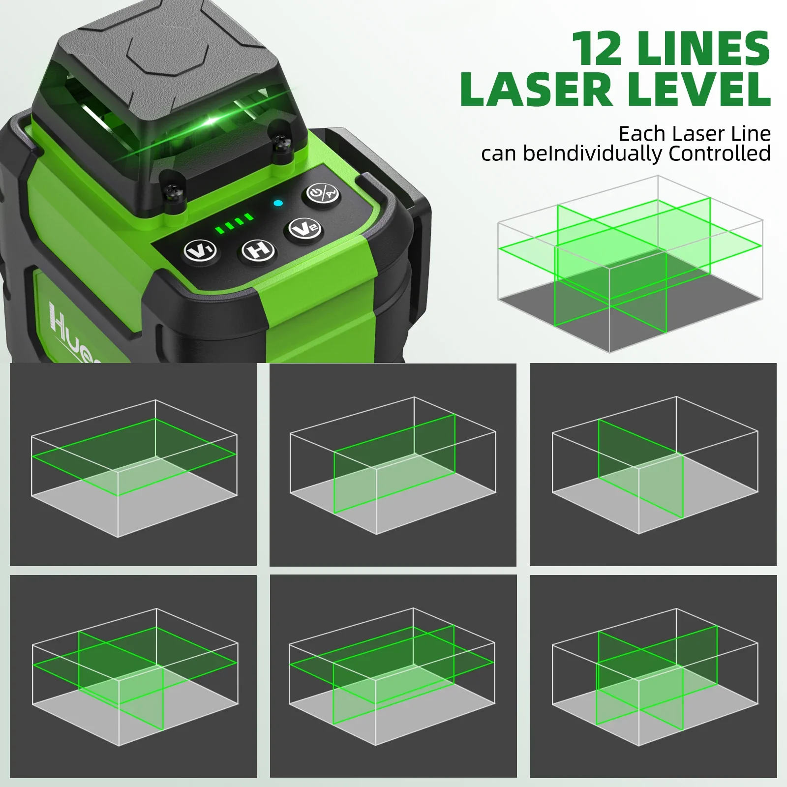 Huepar Laser Level 3x360 Self Leveling 3D Green Cross Line Alignment Tool with Retractable Ruler for Picture Hanging Woodworking