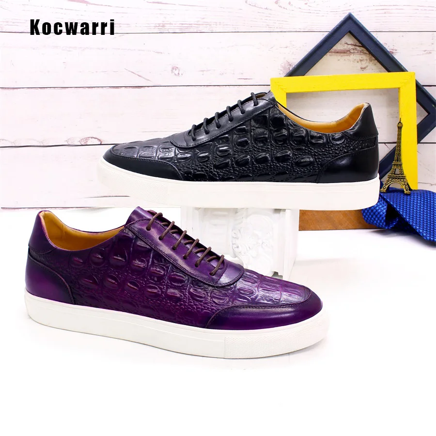 Men\'s Fashion Casual Leather Shoes Handmade Genuine Leather Crocodile Pattern Lace Up Non-slip Flats Dating Party Dress Shoes