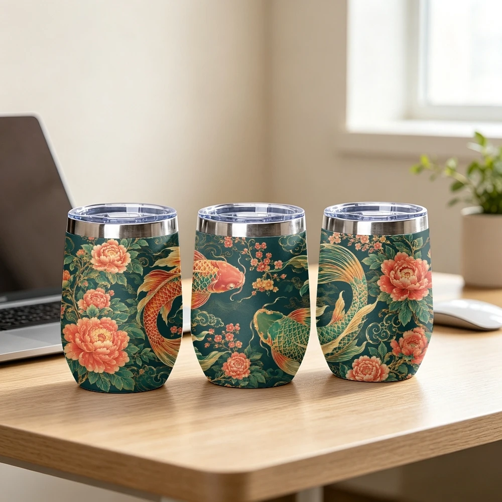 Koi Fish and Floral Vacuum Flasks 12oz Stainless Steel Insulated Tumbler Vacuum Coffee Mug Egg Shaped Travel Thermos