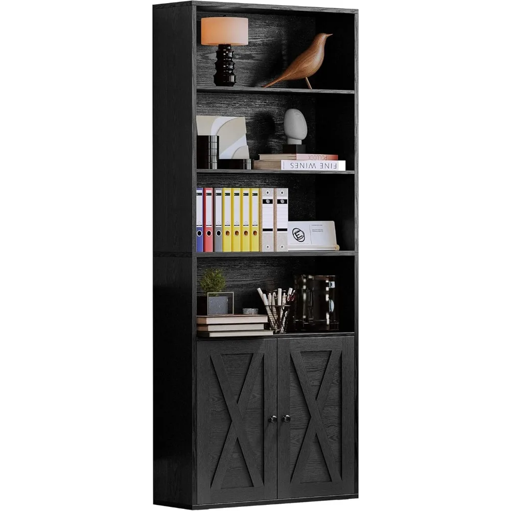 

Industrial Bookshelves and Bookcases with Doors Floor Standing 6 Shelf Display Storage Shelves 70 in Tall Bookcase