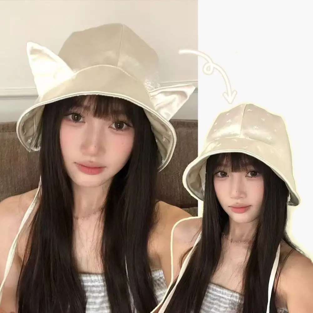 Versatile Korean Style Cat Ears Bucket Hat Y2K Double-sided Wear Bow Sun Cap Strap Quick-drying Small Loli Cap Travel