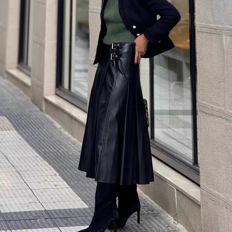 

Fashion Black Leather Skirt For Women Chic High Waist Long Skirts Lady Casual Holiday Streetwear Women's Clothing Spring Autumn