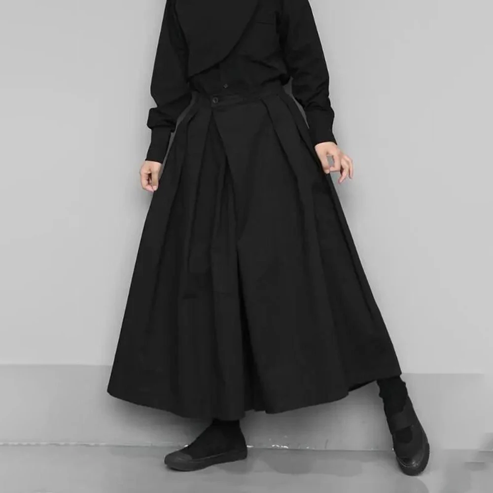 2024 Trendy Gothic Dark Style Loose Cropped Hakama Pants Wide Leg Pants New Large Size Design Sense Samurai Pants Men\'s Clothing