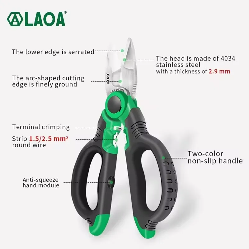 LAOA Electrician Scissors 6/7/8 Inch Wire Stripper Wire Cutter Crimper Open Handle Stainless Shears Cable Cutting Crimping Tool