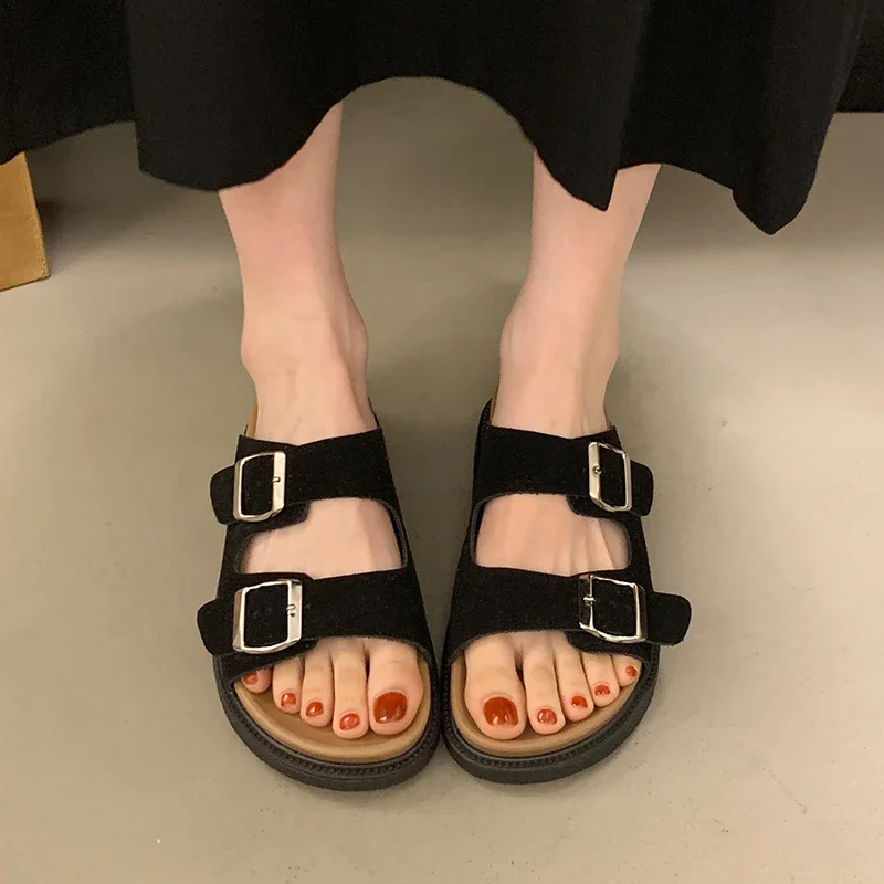 Summer New Non-slip Wear-resistant Silver Metal Buckle Slippers Flat Flip-flops Cow Leather Casual Women's Shoes Slippers Women