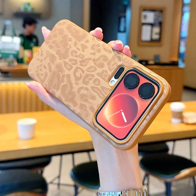 Para Xiaomi 15 Pro 17 Pro Max 17AiR Funda de teléfono de cuero con estampado de leopardo lente de orificio fino parachoques cubierta protectora completa marrón