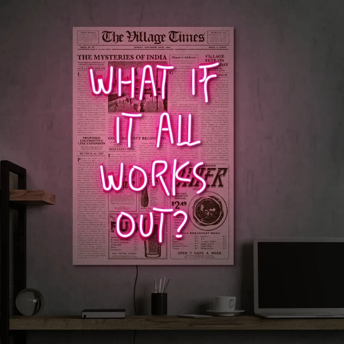 

What If It All Works Out Neon Sign Neon Poster on Newspaper Art Night Cub Lumineux Wedding Decoration Room Decor