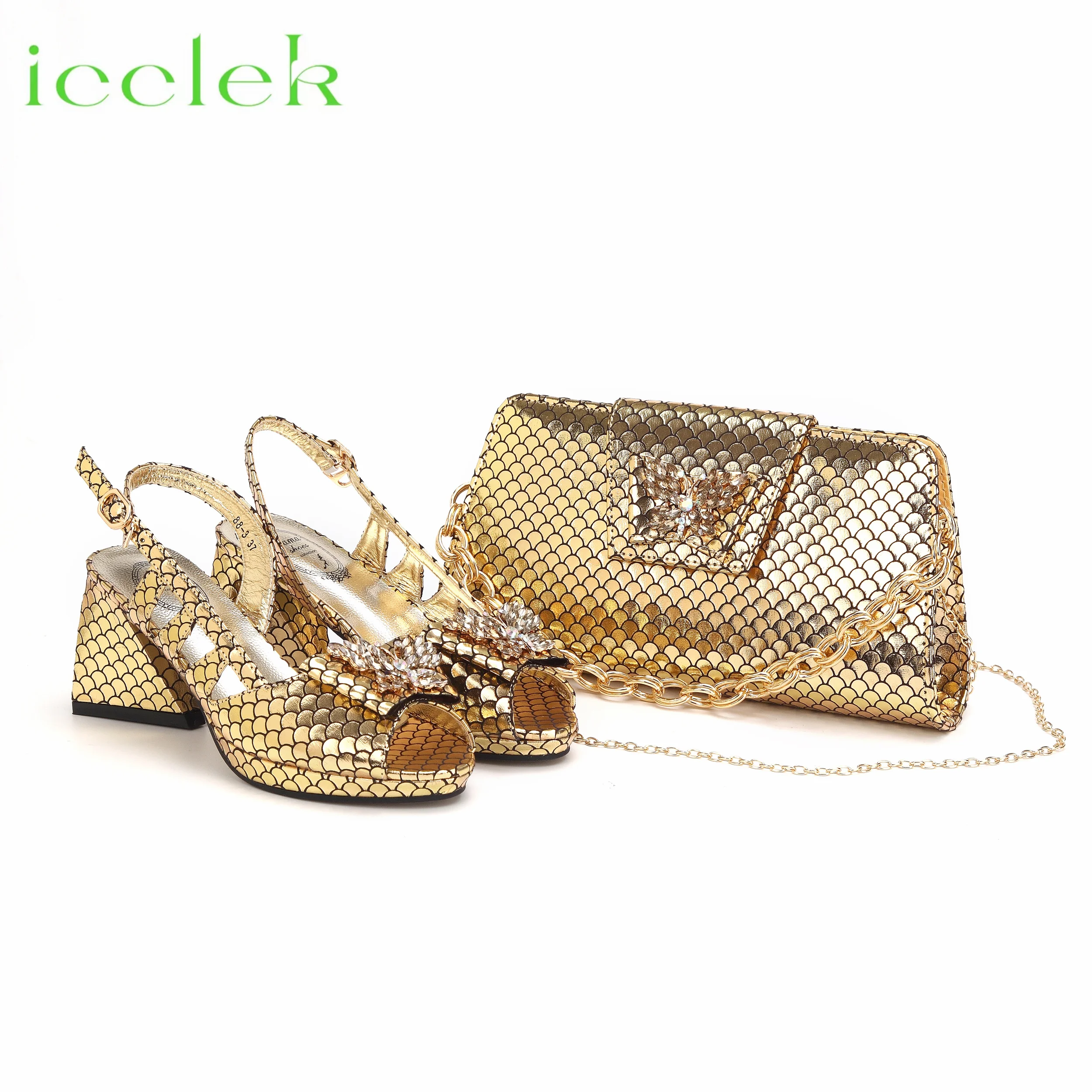 

Gold Color Square Heel Peep Toe Slingback Design Ladies Shoes Matching Bag Set For Women Wedding Party