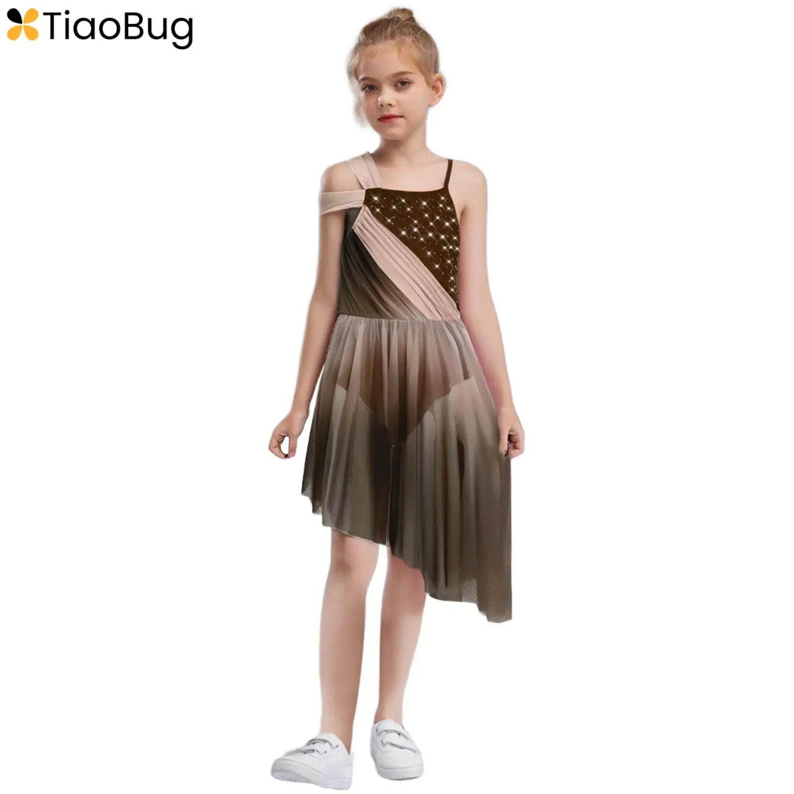 

Kids Girls Lyrical Dance Dresses Shiny Rhinestones Gradient Sheer Mesh Asymmetrical Dress for Figure Skating Modern Dancewear