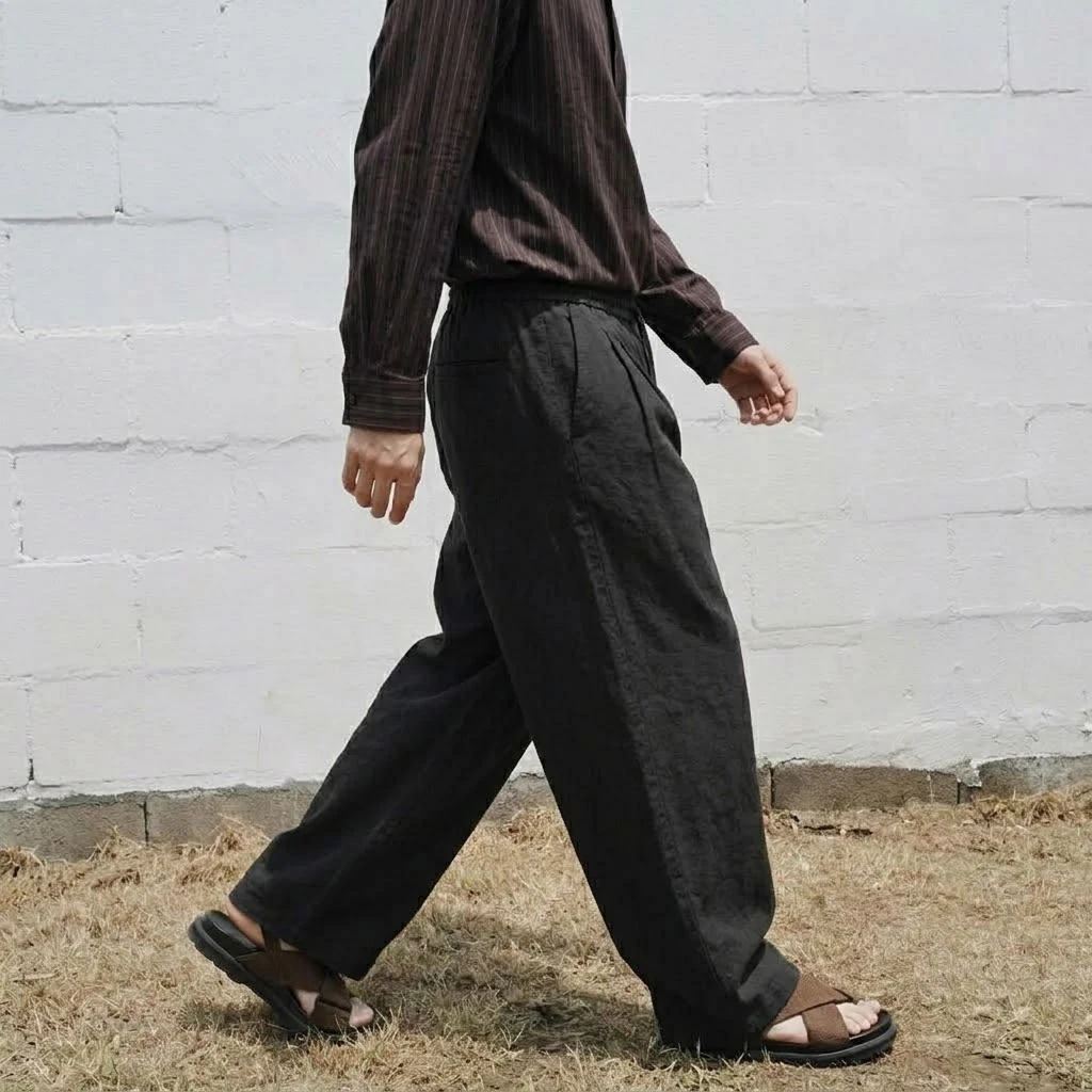 Neue Herren-Freizeithose aus Baumwolle mit weitem Bein, lockerer Passform, Kordelzug und elastischem Bund, atmungsaktive Baggy-Hose in Unifarbe, Streetwear – Detail 11