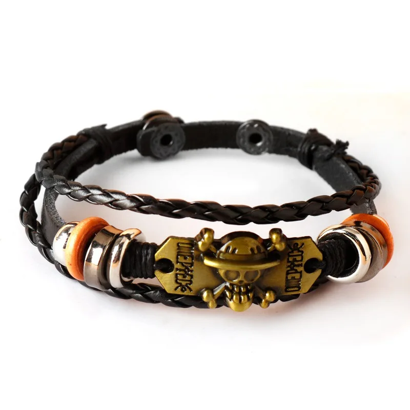 One Piece Luffy Pirate Bracelet Toy Straw Hat Punk Black Leather Braided Bracelet Fashion Ornament Accessories Boys Girls Gift