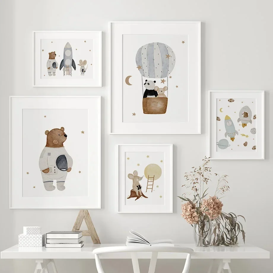 Boho Cartoon Bear Panda Mouse Balloon Plane Posters Art Prints Canvas Painting Wall Pictures For Baby Kids Room Home Decoration view 3
