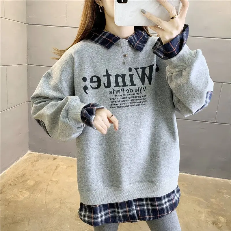 

Fashion Printed Letter Spliced Fake Two Pieces Plaid Blouses Women's Clothing 2025 Spring New Loose Casual Tops Korean Shirts