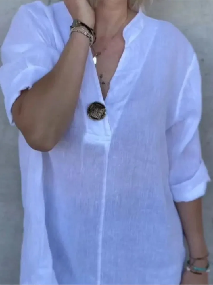 2025 NOVEDAD DE VERANO camisa de algodón de Color sólido con cuello levantado moda elegante Casual blanco suelto Oficina vacaciones camisetas ropa de mujer